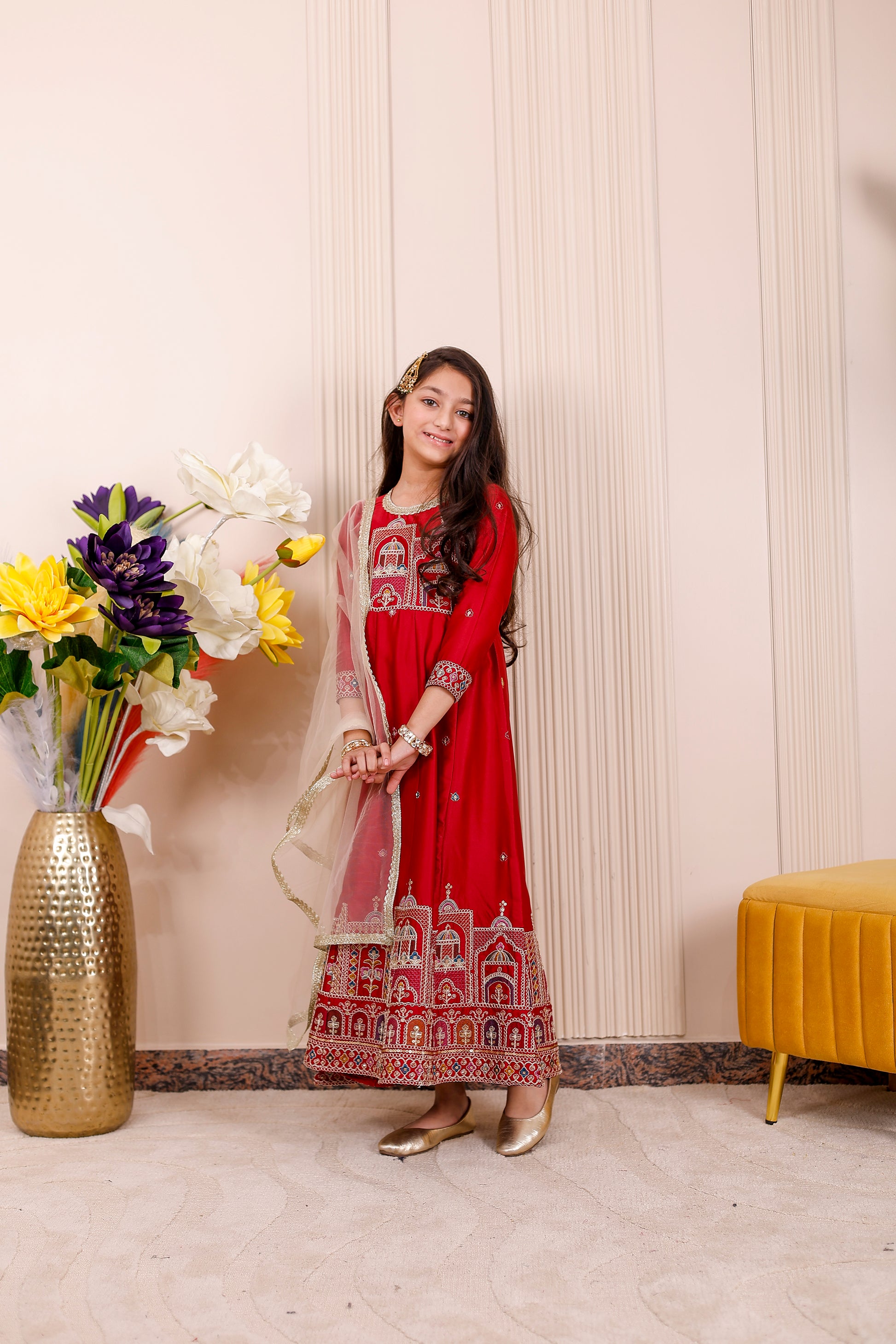 Red Heritage Embroidered Anarkali Dress for Girls with Matching Dupatta – mother-daughter matching and festive wear