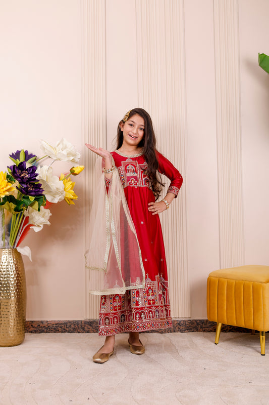 Shaahi Red Embroidered Girl dress Outfits✨