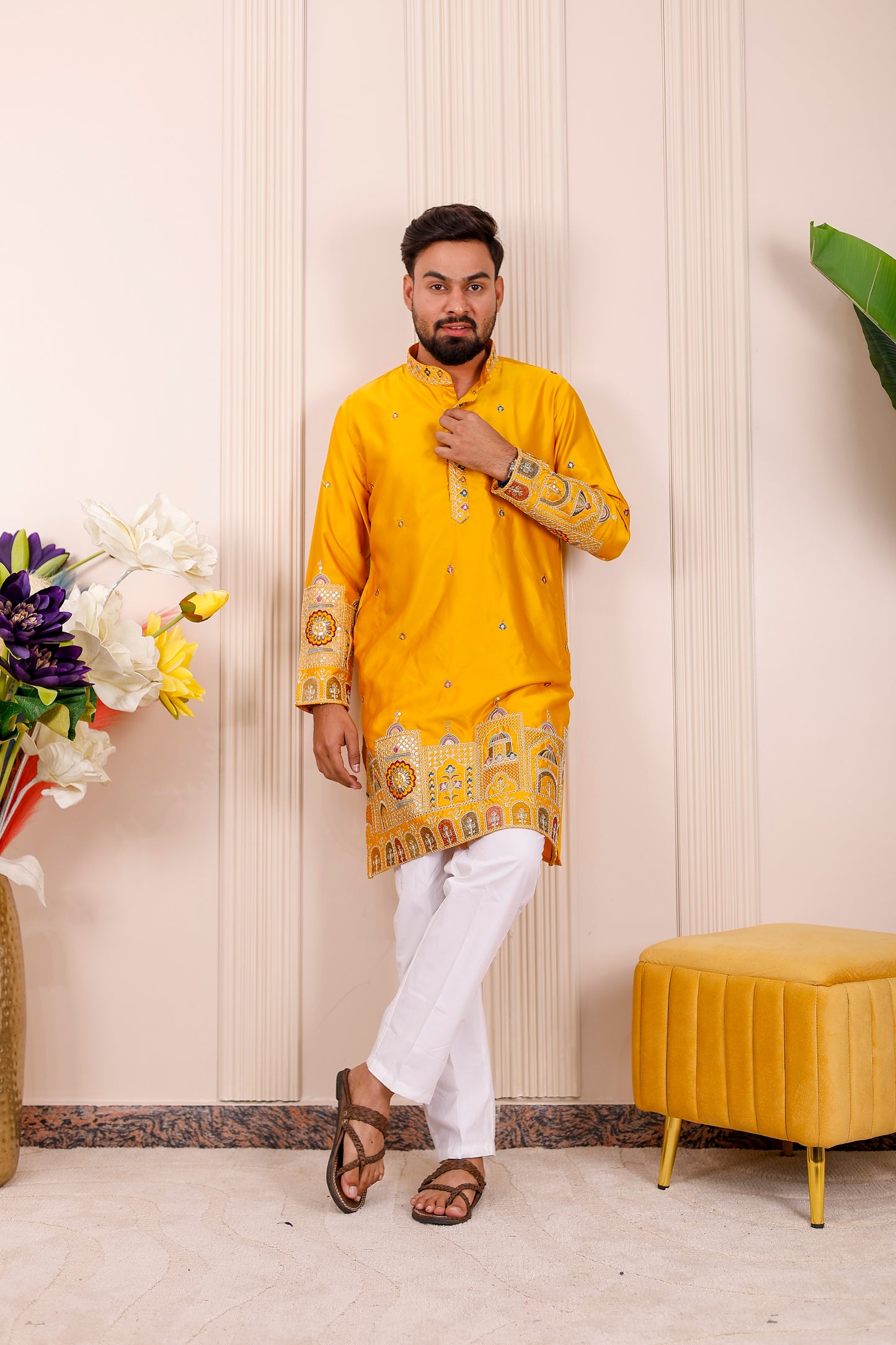 Yellow Heritage Embroidered Kurta Pajama for Men – festive and wedding ethnic wear