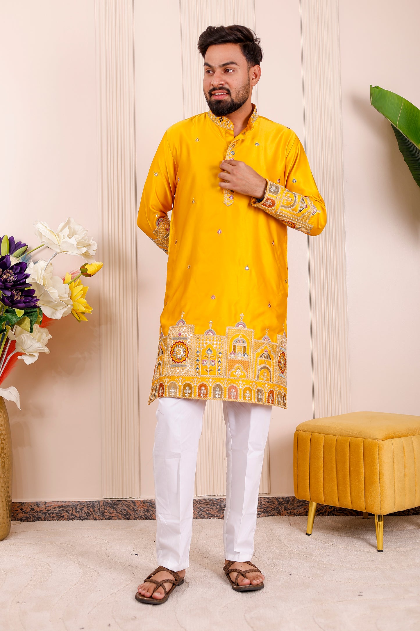 Father-Son Yellow Heritage Embroidered Kurta Pajama Combo Set
