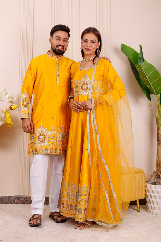  Yellow Heritage Embroidered Couple Matching Outfit – coordinated ethnic wear for weddings, festivals, and family photoshoots