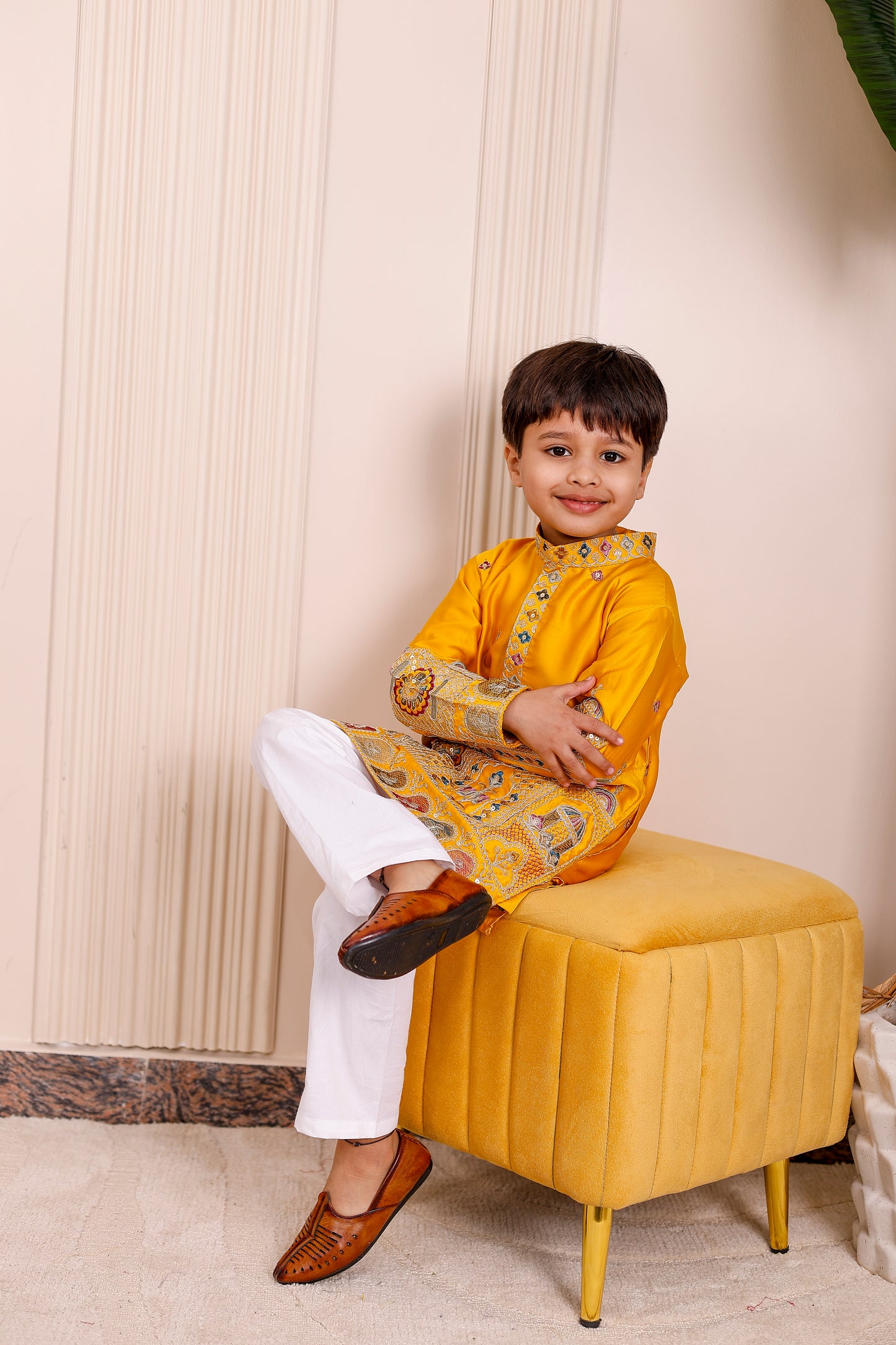 Yellow Heritage Embroidered Kurta Pajama for Boys – father-son matching outfit for festive occasions