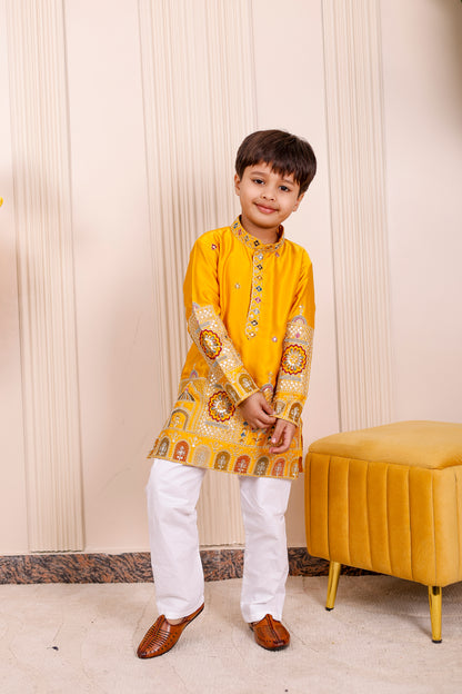 Father-Son Yellow Heritage Embroidered Kurta Pajama Combo Set