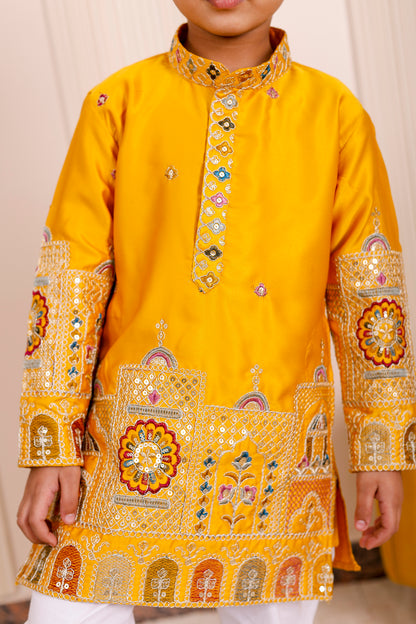 Father-Son Yellow Heritage Embroidered Kurta Pajama Combo Set