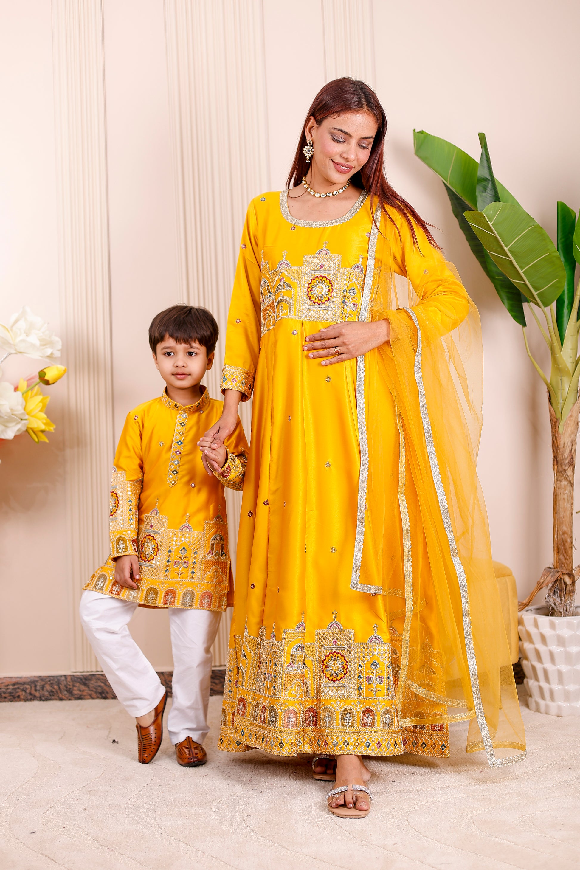 Mother and son twinning outfit in yellow heritage embroidery – festive family matching set