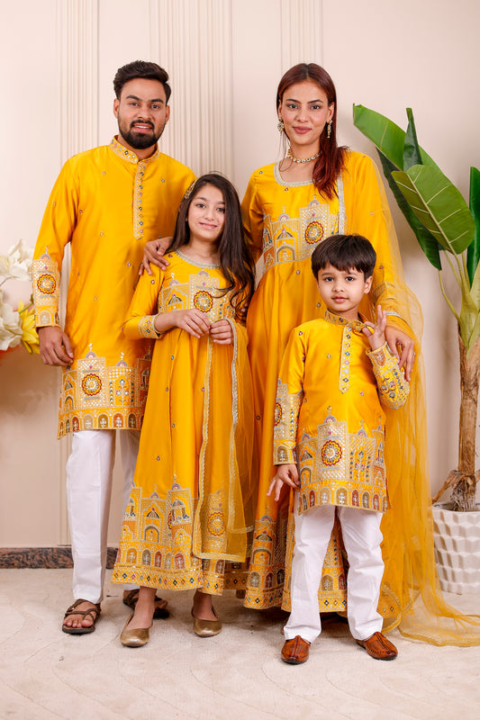  Yellow Heritage Embroidered Family Matching Outfit – coordinated family combo dress for men, women, boys, and girls, perfect for weddings, Holi, festivals, and photoshoots