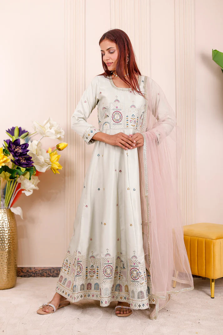 Pastel Green Heritage Embroidered | Women Ethnic Dress