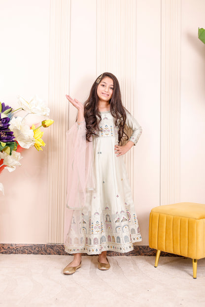  Ivory Heritage Embroidered Anarkali Dress for Girls with Matching Dupatta – mother-daughter matching and festive wear