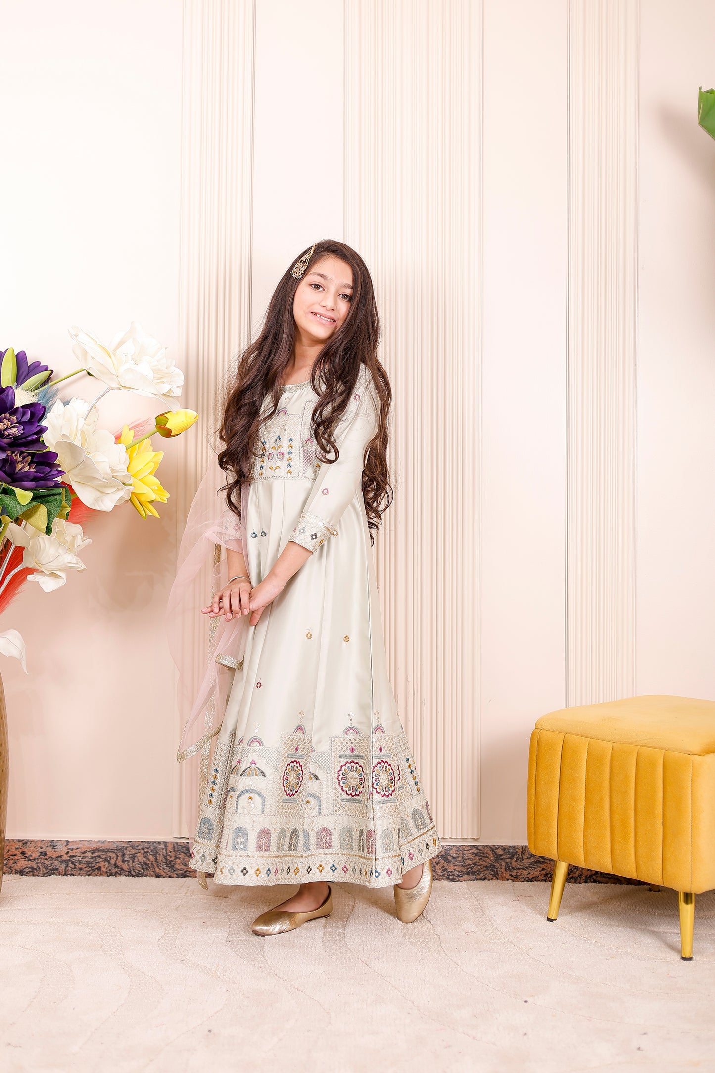  Ivory Heritage Embroidered Anarkali Dress for Girls with Dupatta – mother-daughter matching and festive wear