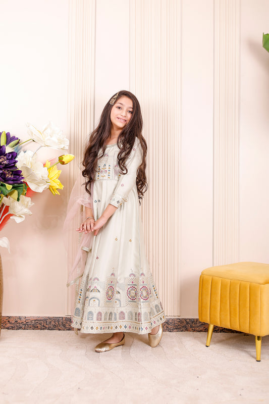  Ivory Heritage Embroidered Anarkali Dress for Girls with Dupatta – mother-daughter matching and festive wear