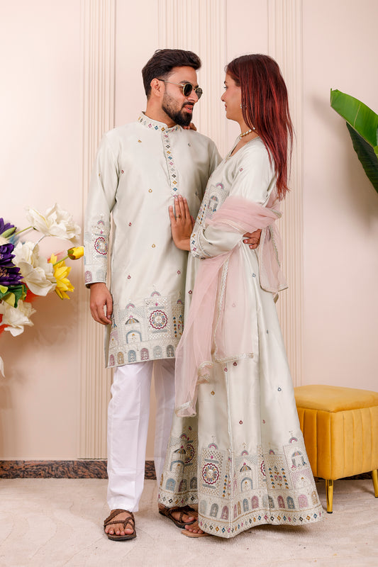  Ivory Heritage Embroidered Couple Matching Outfit – coordinated ethnic wear for weddings, festivals, and family photoshoots