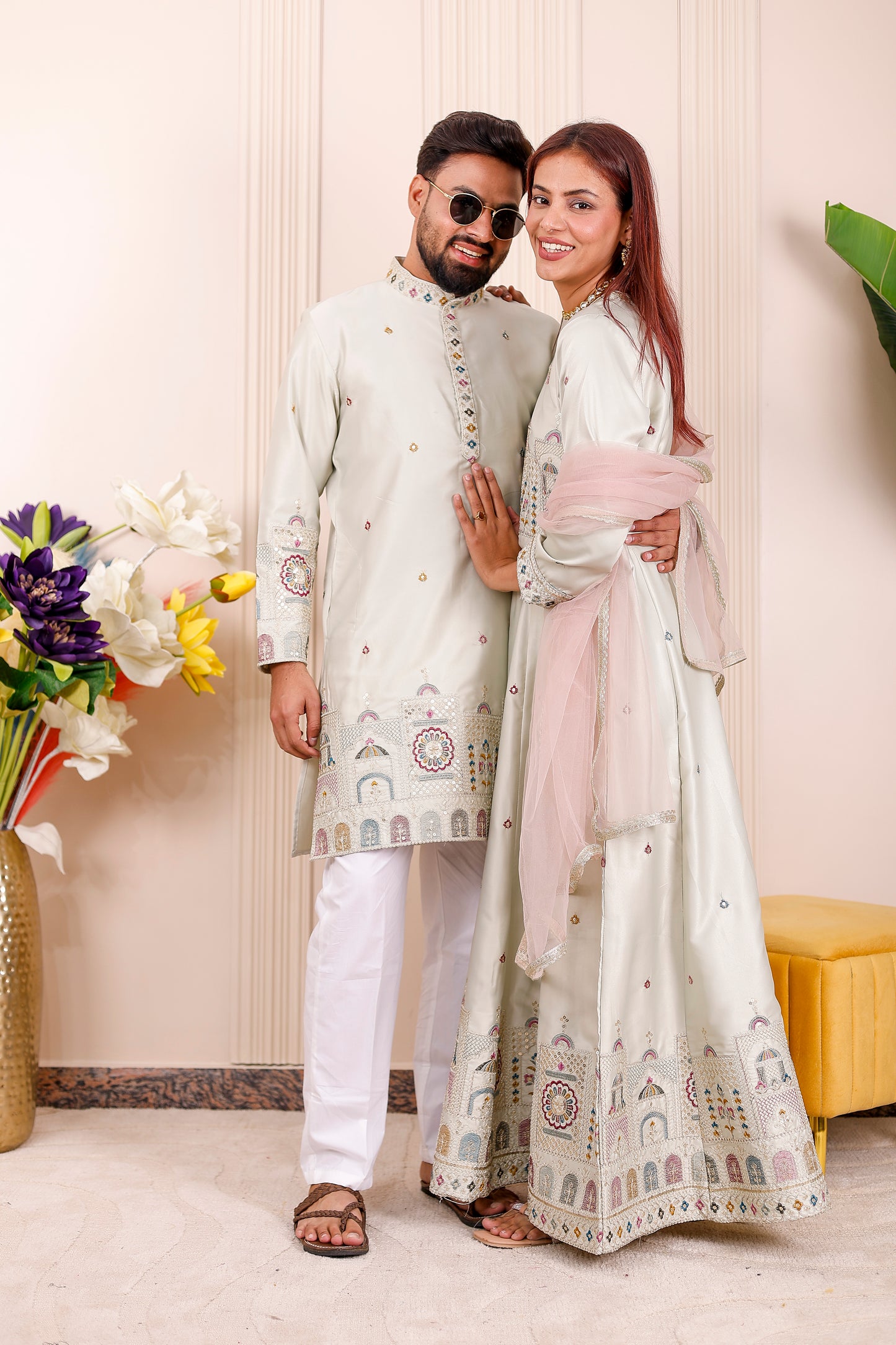  Ivory Heritage Embroidered Couple Matching Outfit – coordinated ethnic wear for weddings, festivals, and family photoshoots