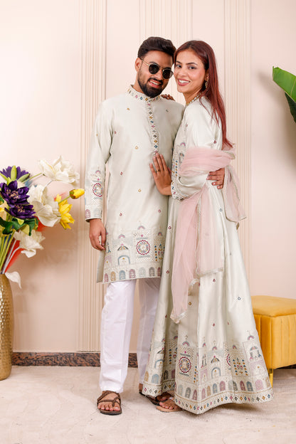  Ivory Heritage Embroidered Couple Matching Outfit – coordinated ethnic wear for weddings, festivals, and family photoshoots