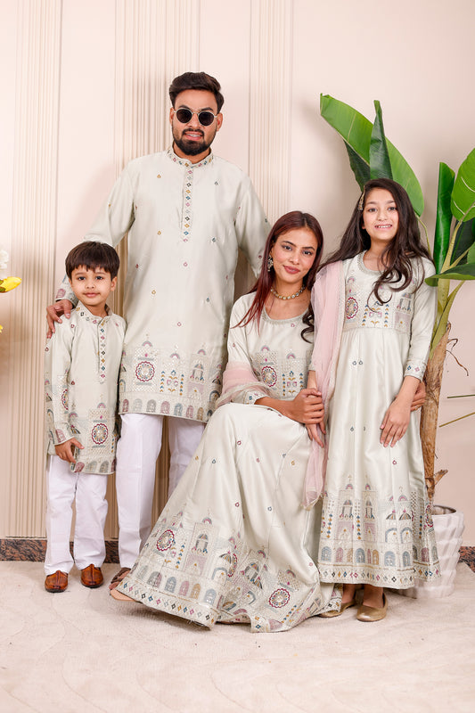  Ivory Heritage Embroidered Family Matching Outfit – coordinated family combo dress for men, women, boys, and girls, perfect for weddings, Holi, festivals, and photoshoots