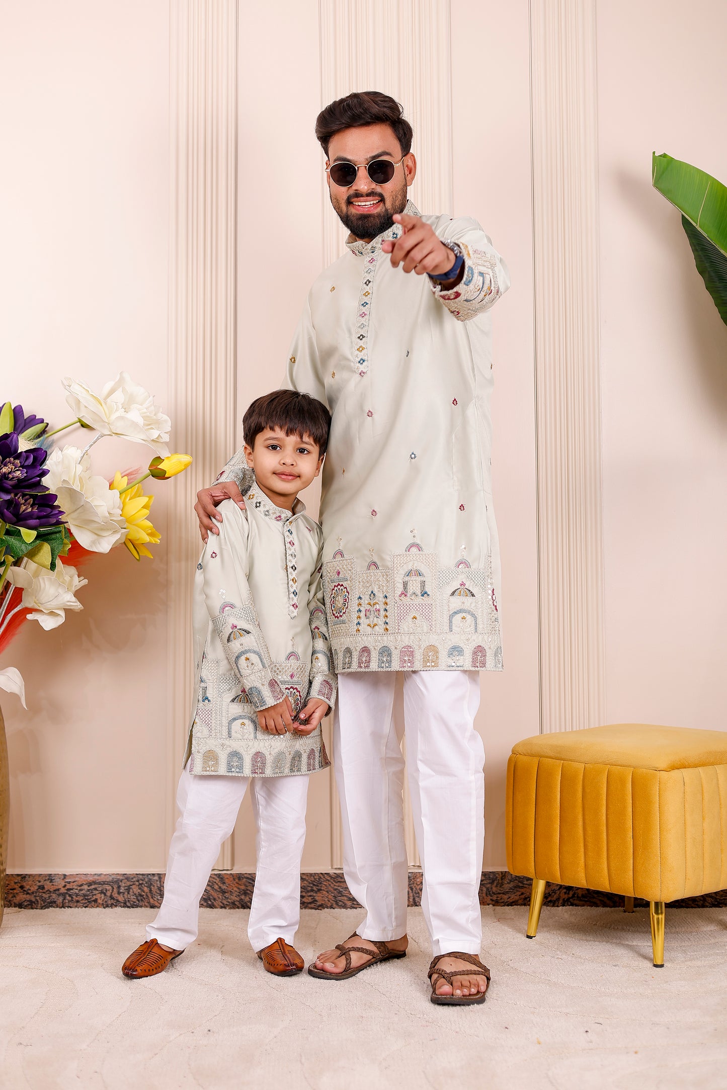Father-Son Pastel Green Heritage Embroidered Kurta Pajama Combo Set