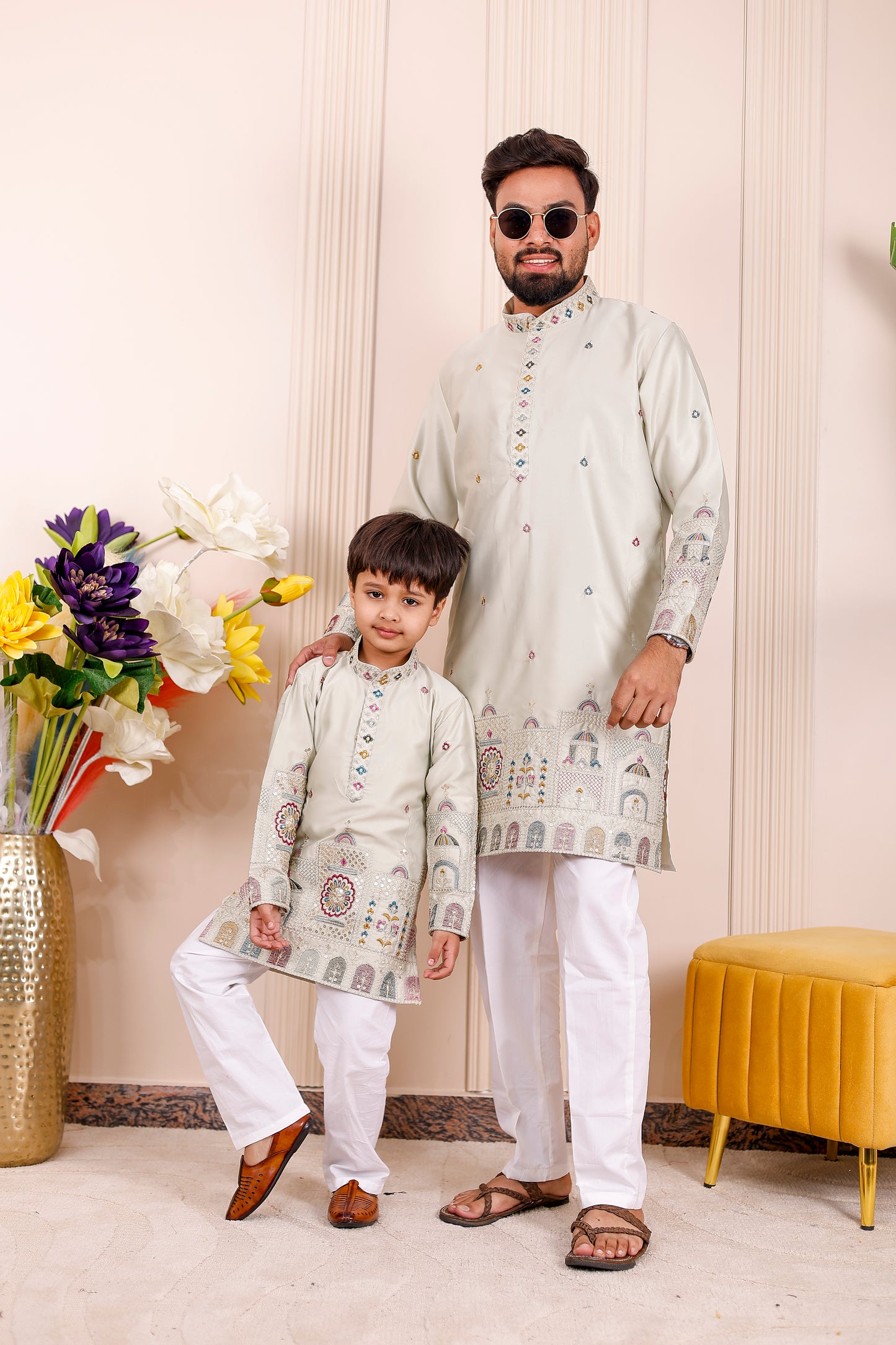 Father-Son Pastel Green Heritage Embroidered Kurta Pajama Combo Set