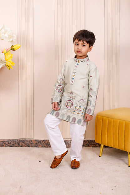 Father-Son Pastel Green Heritage Embroidered Kurta Pajama Combo Set