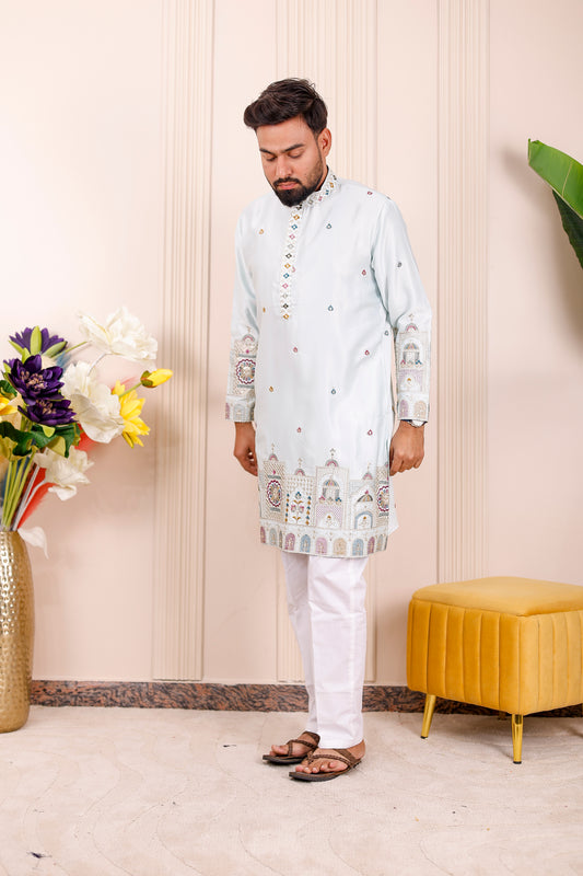 Icy Blue Heritage Embroidered Kurta Pajama for Men – festive and wedding ethnic wear