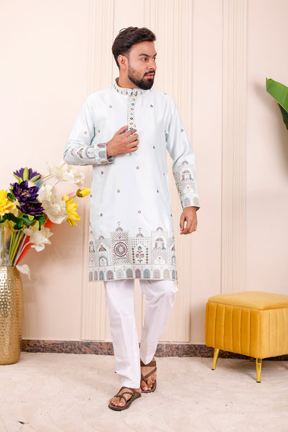 Father-Son Ice Blue Heritage Embroidered Kurta Pajama Combo Set