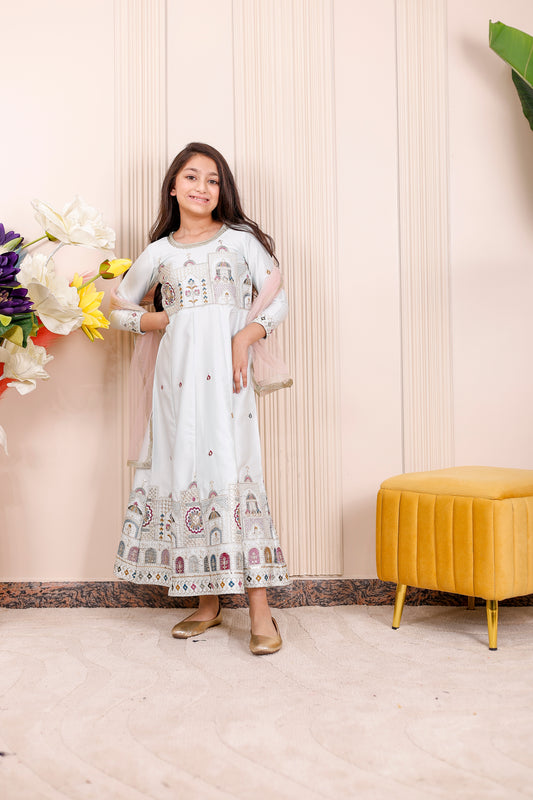 Icy Blue Heritage Embroidered Anarkali Dress for Girls with Matching Dupatta – mother-daughter matching and festive wear