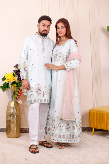  Icy Blue Heritage Embroidered Couple Matching Outfit – coordinated ethnic wear for weddings, festivals, and family photoshoots