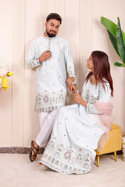 Ice Blue Heritage Embroidered Family Matching Outfit ❄️✨👨‍👩‍👧‍👦