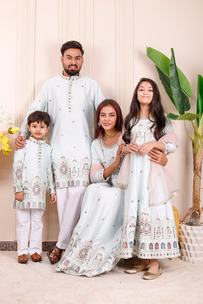 Ice Blue Heritage Embroidered Family Matching Outfit ❄️✨👨‍👩‍👧‍👦
