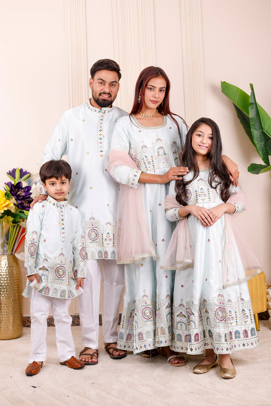  Icy Blue Heritage Embroidered Family Matching Outfit – coordinated family combo dress for men, women, boys, and girls, perfect for weddings and festivals