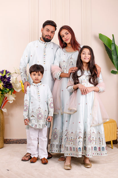 Ice Blue Heritage Embroidered Family Matching Outfit ❄️✨👨‍👩‍👧‍👦
