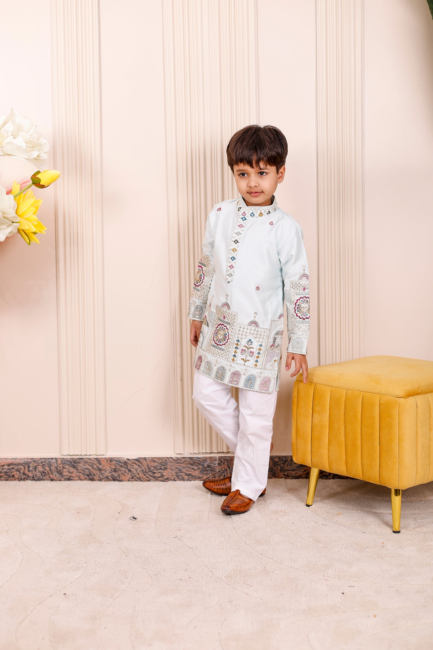 Icy Blue Heritage Embroidered Kurta Pajama for Boys – father-son matching outfit for festive occasions