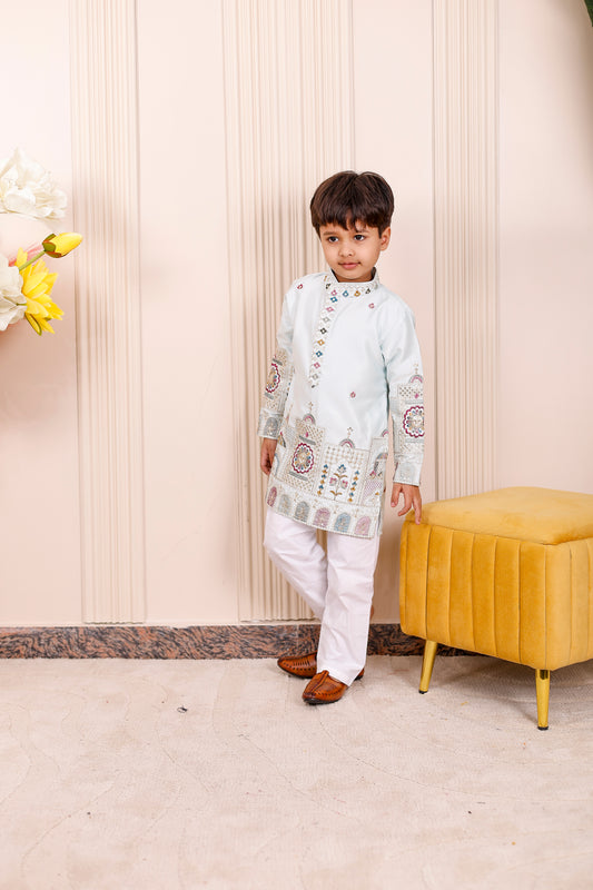 Icy Blue Heritage Embroidered Kurta Pajama for Boys – father-son matching outfit for festive occasions