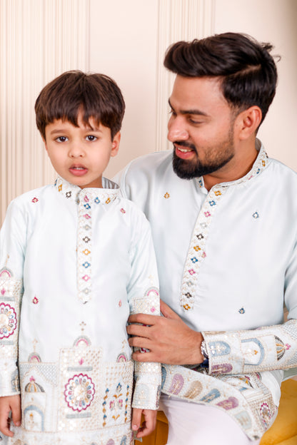  Icy Blue Heritage Embroidered Father Son Matching Outfit – festive kurta pajama set for twinning and celebrations