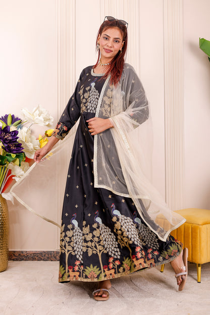 Midnight Black Peacock Embroidered Women dress Outfits 🦚✨👨‍👩‍👧‍👦