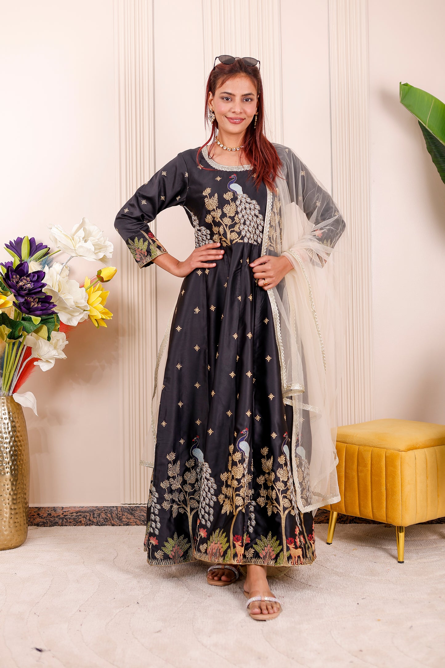 Midnight Black Peacock Embroidered Women dress Outfits 🦚✨👨‍👩‍👧‍👦