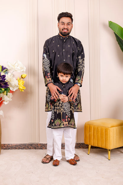 Black peacock embroidered matching outfits for father and son