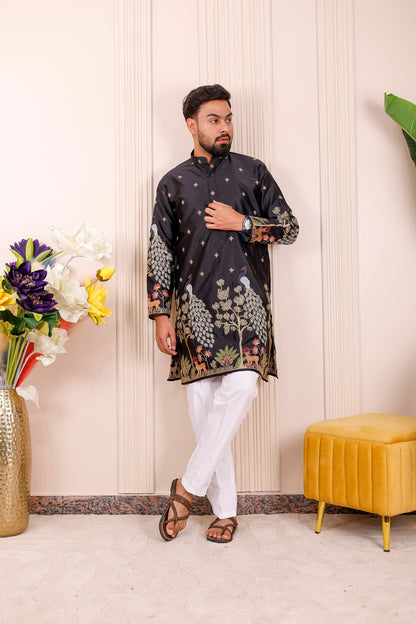 Black kurta with detailed peacock embroidery designed for festive family matching looks
