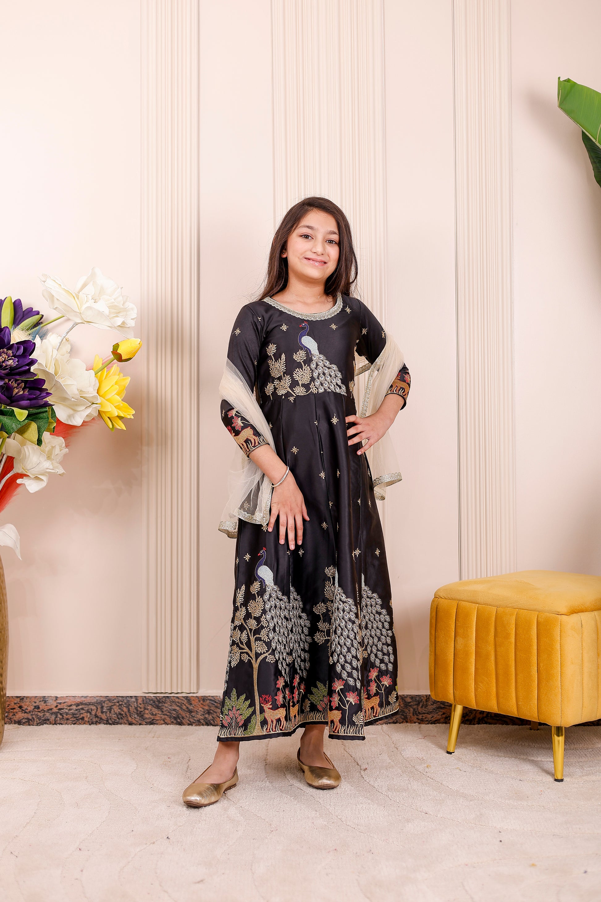 Midnight Black Peacock Embroidered Girl dress Outfit🦚✨👨‍👩‍👧‍👦 –  Stuffieland