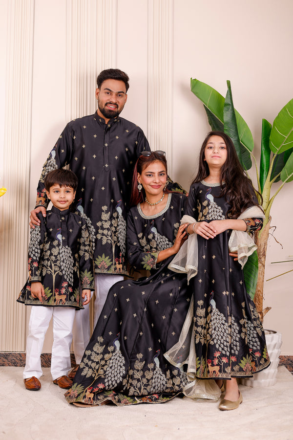 Black peacock embroidered family matching outfits for parents and kids
