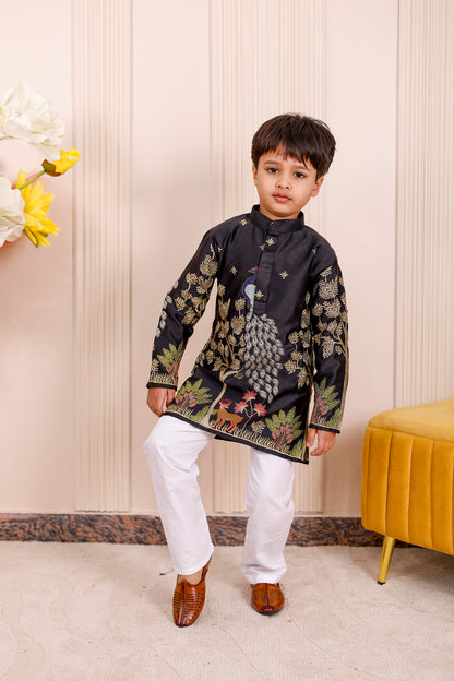 Peacock embroidered black kurta for boys in family twinning outfits