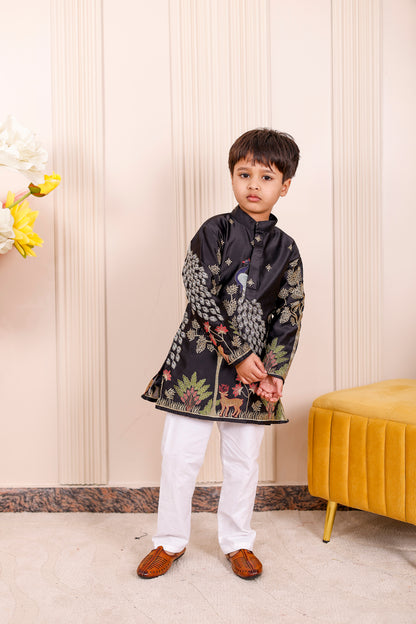 Father-Son Black Peacock Embroidered Kurta Pajama Combo Set