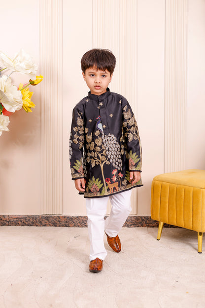 Father-Son Black Peacock Embroidered Kurta Pajama Combo Set