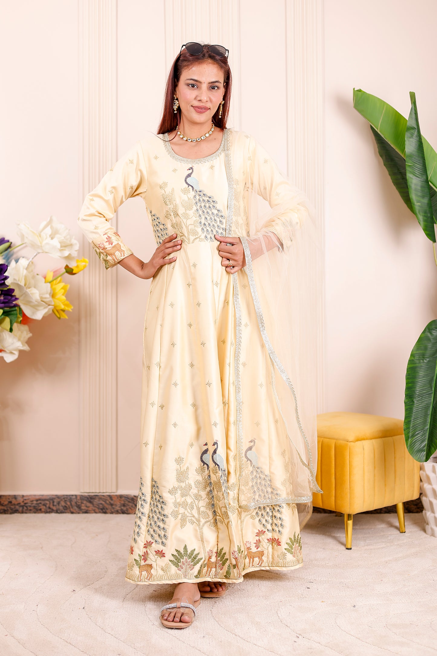 Champagne Yellow Peacock Embroidered Women dress Outfit 🦚✨👨‍👩‍👧‍👦