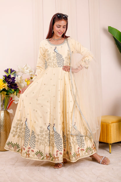 Champagne Yellow Peacock Embroidered Women dress Outfit 🦚✨👨‍👩‍👧‍👦