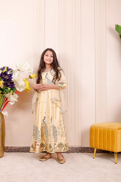 Champagne Yellow Peacock Embroidered Brother & Sister Outfit