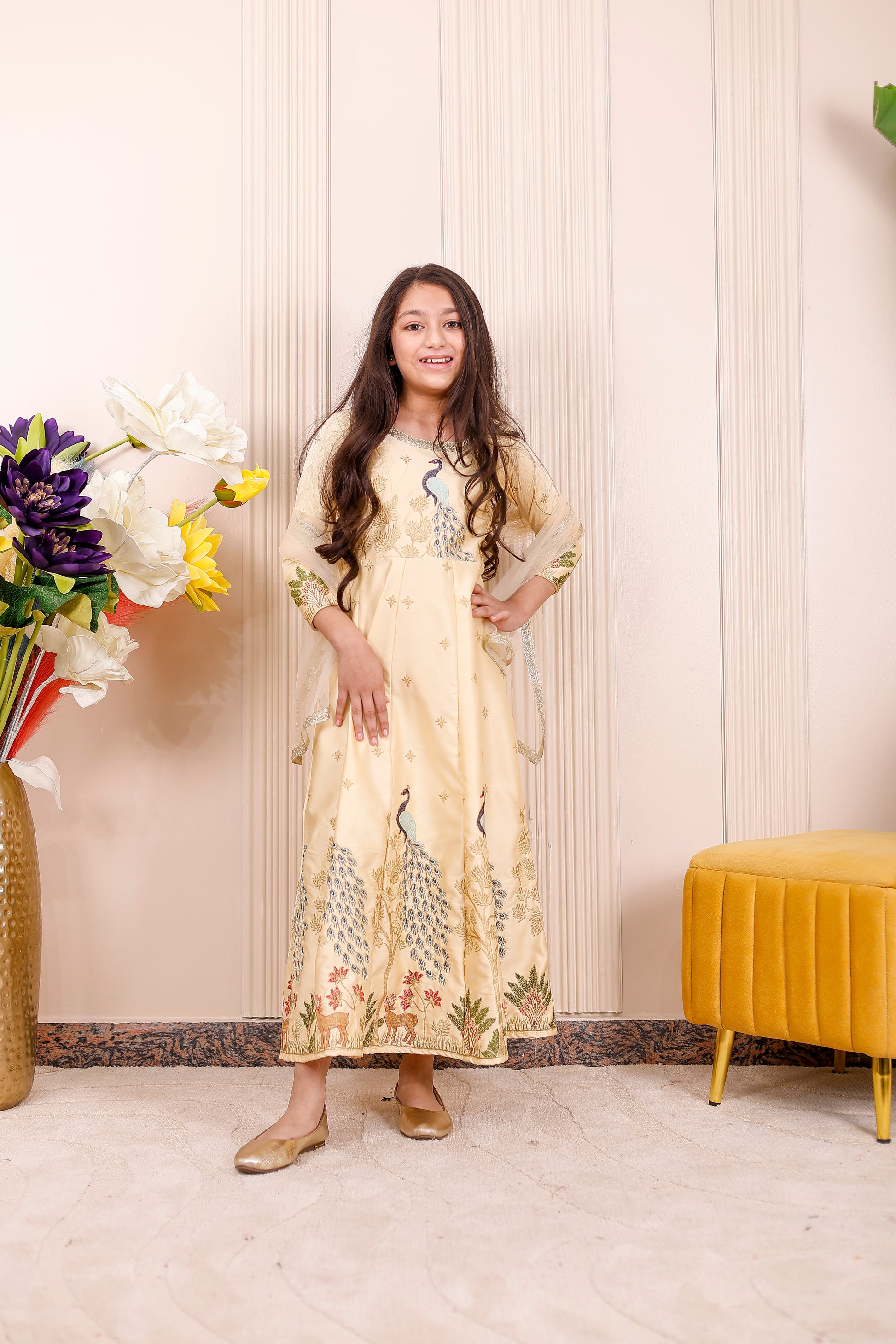 Champagne Yellow Peacock Embroidered Girl dress Outfit    Stuffieland