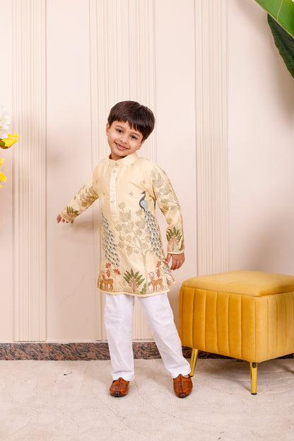 Champagne yellow embroidered kurta for boys designed for family twinning