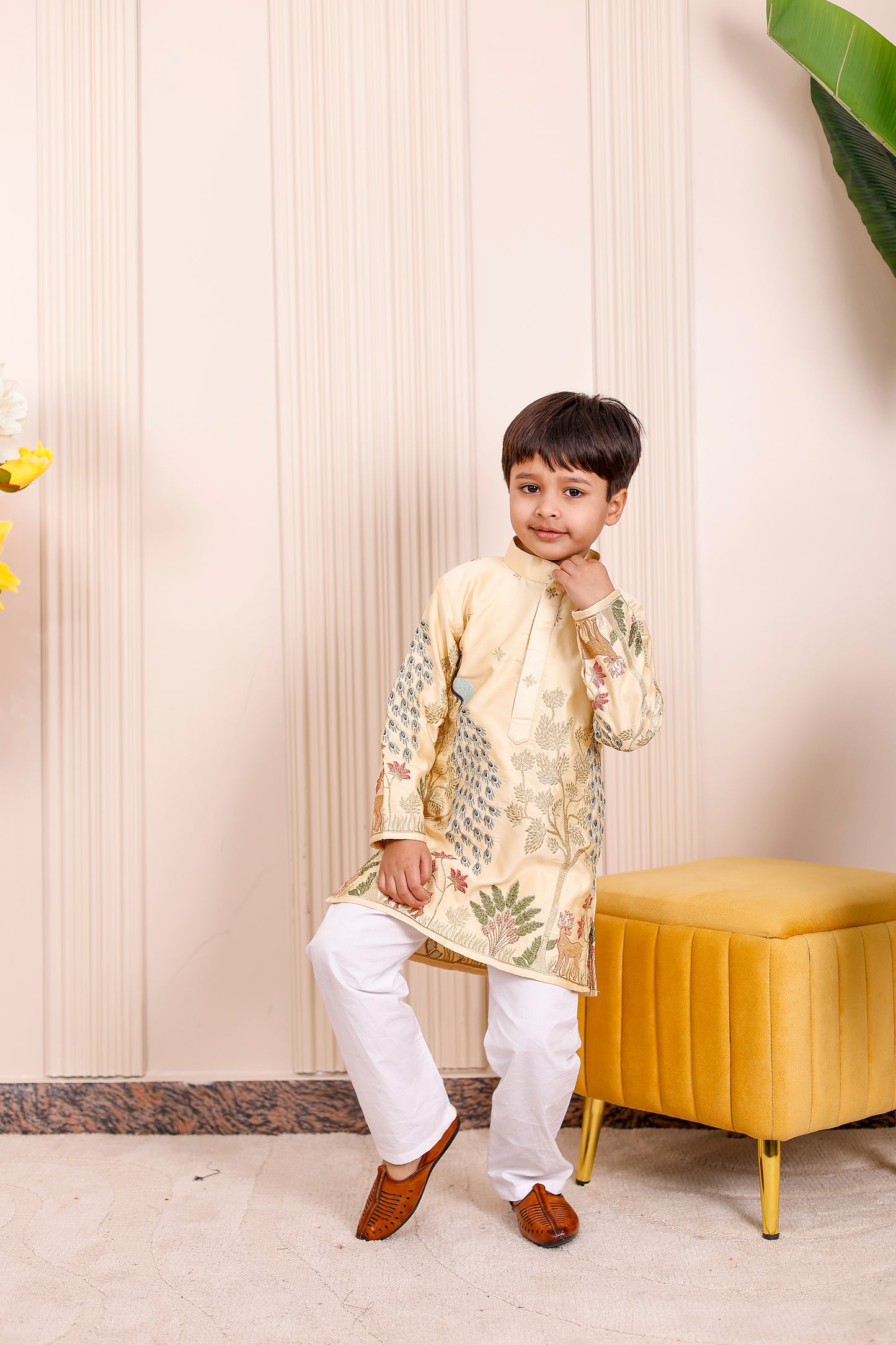 Father-Son Yellow Peacock Embroidered Kurta Pajama Combo Set