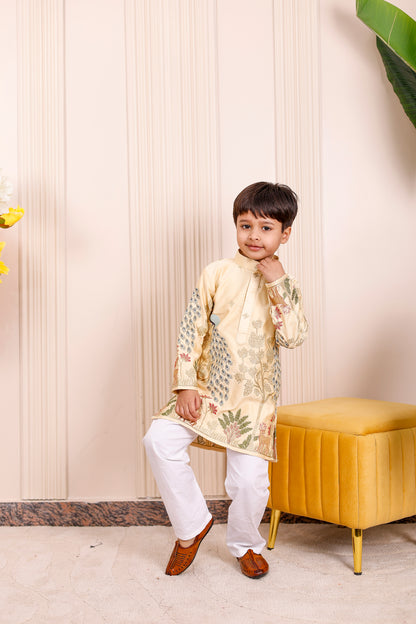 Father-Son Yellow Peacock Embroidered Kurta Pajama Combo Set