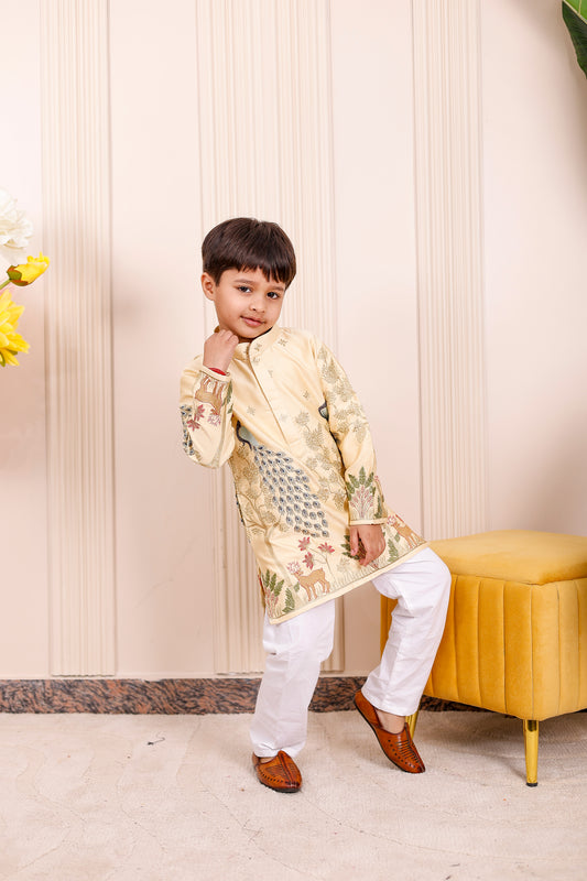 Champagne Yellow Peacock Embroidered Boy Kurta Pajama Set 🦚✨👨‍👩‍👧‍👦