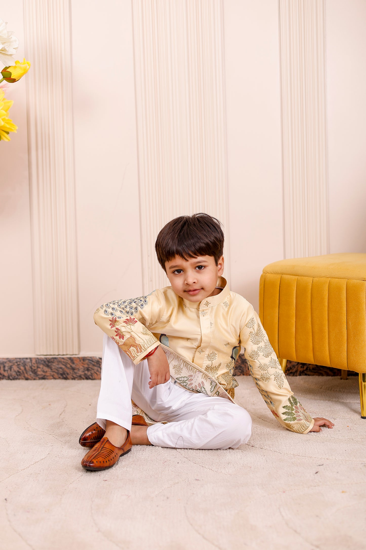Champagne yellow embroidered kurta for boys designed for family twinning